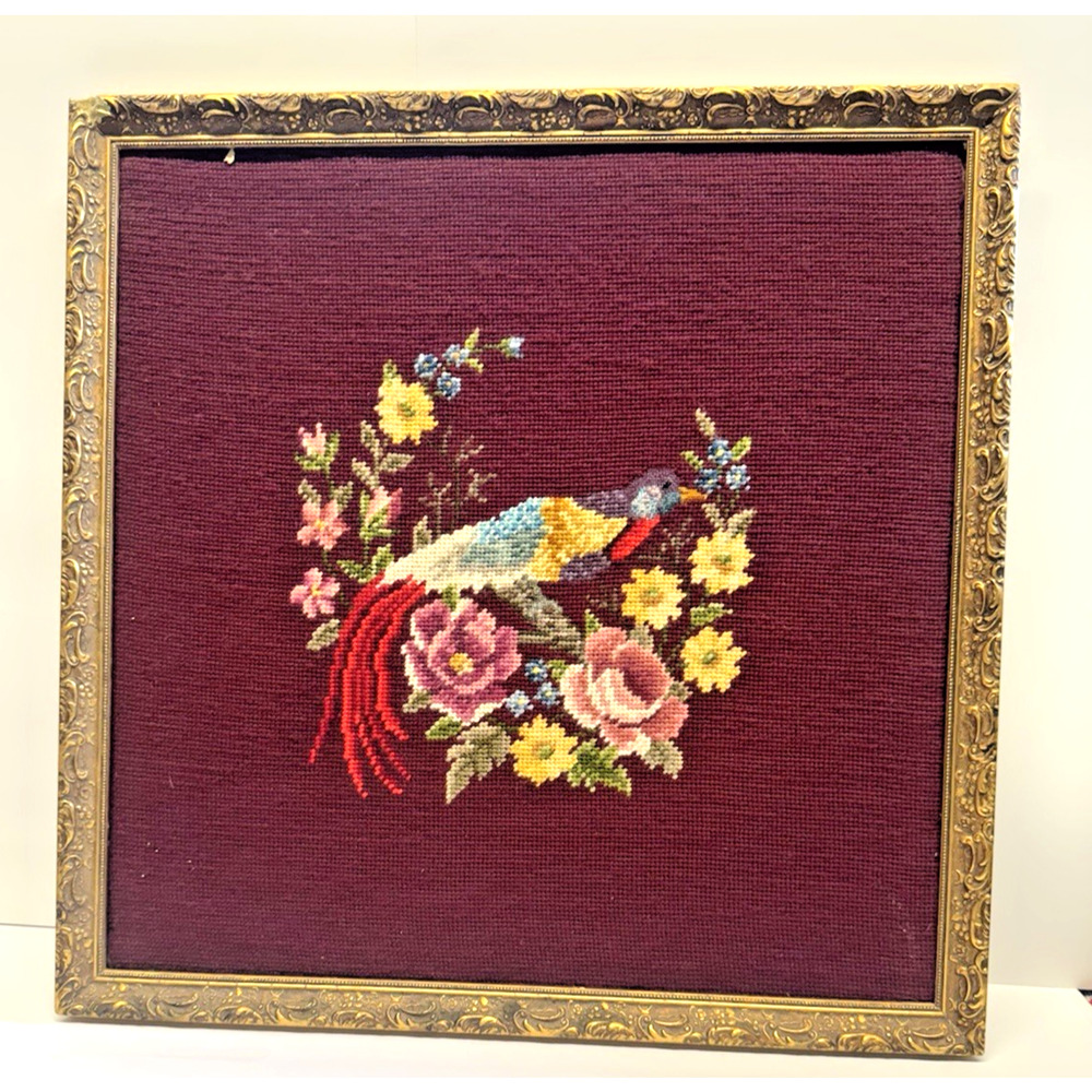 Beautiful Handmade Needlepoint Peacock and Florals Burgundy Gold Frame 21" x 21"